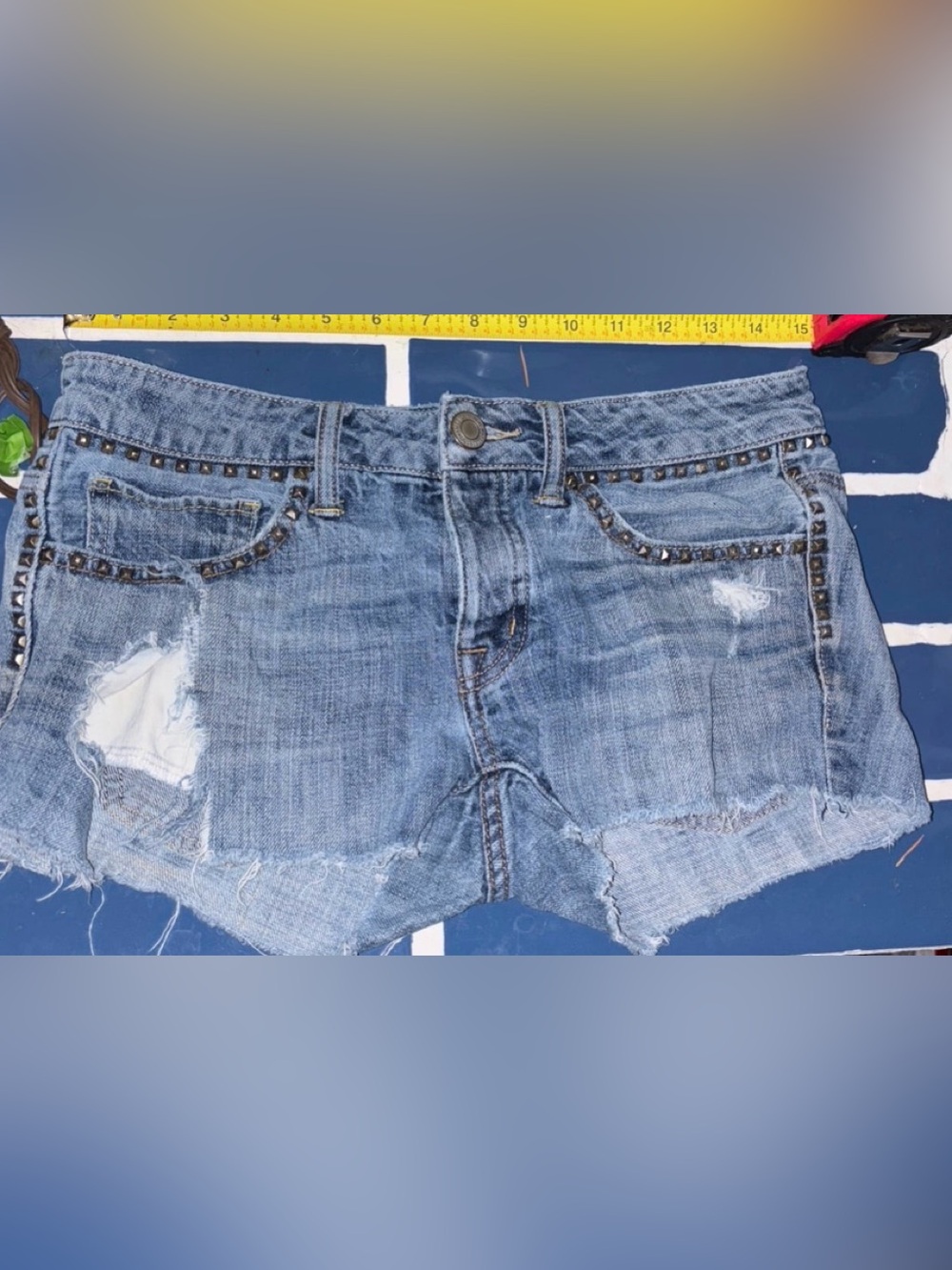 Studded Distressed Denim Cutoff Shorts - Light Blue